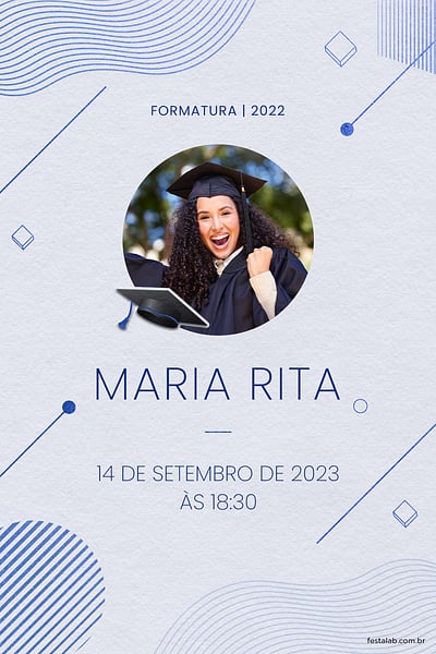 Criar convite de Ocasiões especiais - Formatura Minimalista azul| FestaLab