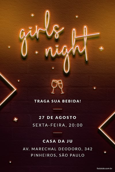 Modelo de Convite de Ocasioes especiais - Girls Night! Laranja Convite Girls Night! Laranja grátis para editar