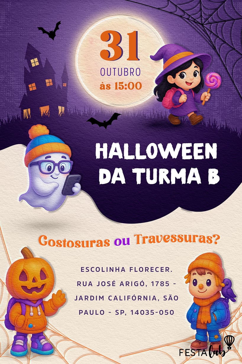 Criar convite de Ocasiões especiais - Halloween School| FestaLab