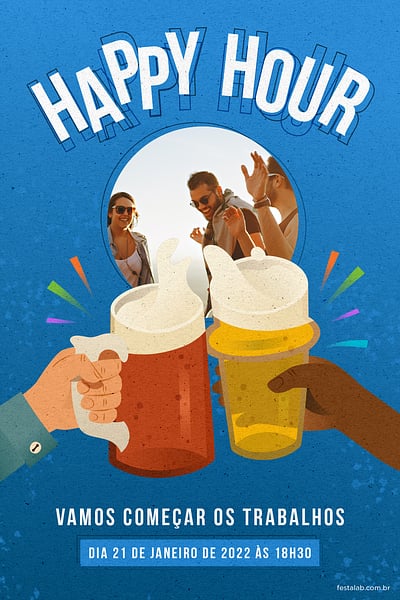 Modelo de Convite de Ocasioes especiais - Happy Hour! Azul Convite Happy Hour! Azul grátis para editar