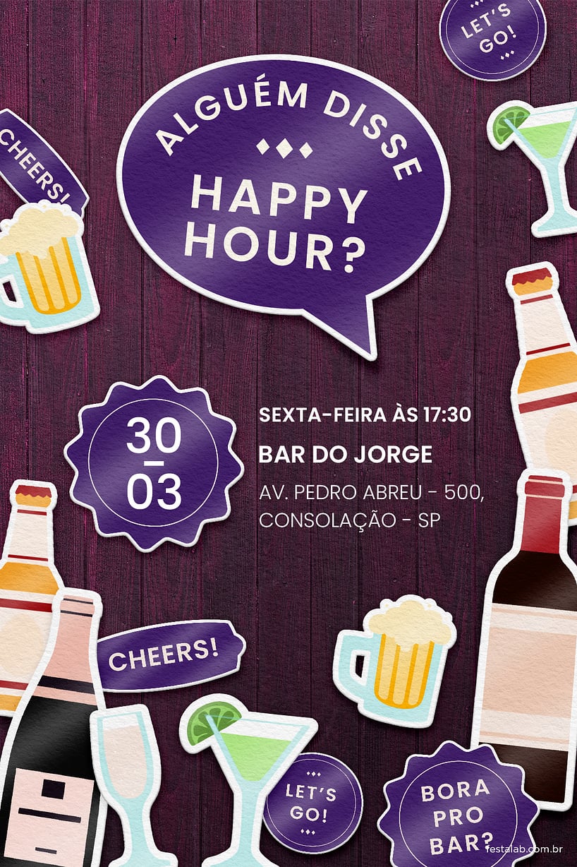 Convite Happy hour roxo grátis para editar