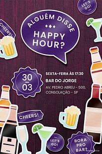 Modelo de Convite de Ocasioes especiais - Happy hour roxo Convite Happy hour roxo grátis para editar