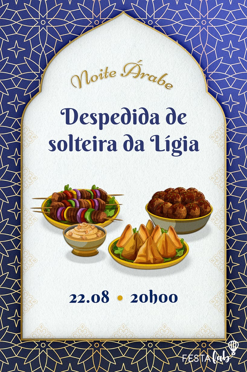 Modelo de Convite de Ocasioes especiais - Jantar Arabe Convite Jantar Árabe grátis para editar