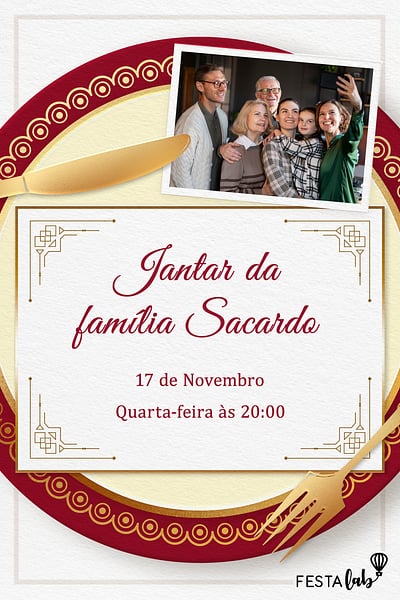 Modelo de Convite de Ocasioes especiais - Jantar em Familia Vinho Convite Jantar em Família Vinho grátis para editar