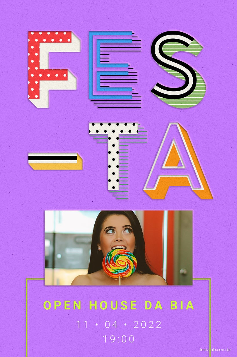Convite Letras Festivas cor roxa grátis para editar