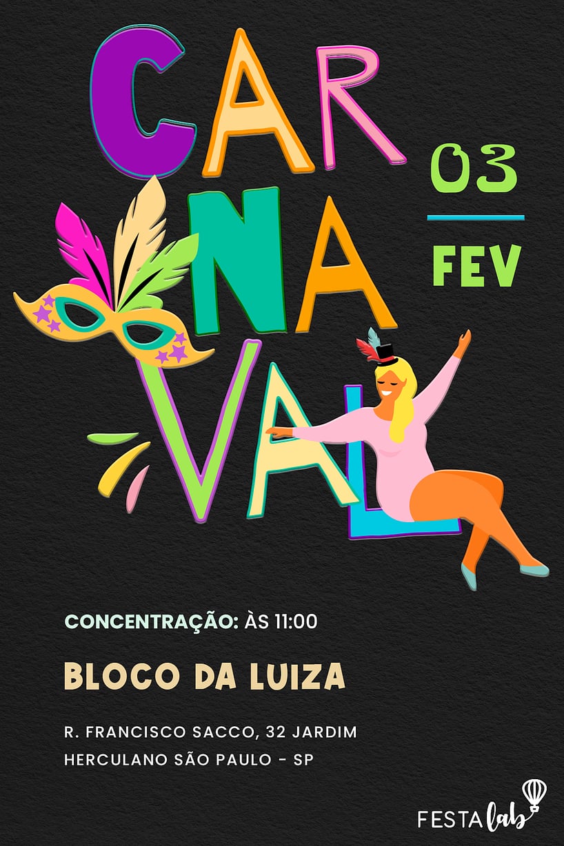 Convite Lettering de Carnaval grátis para editar
