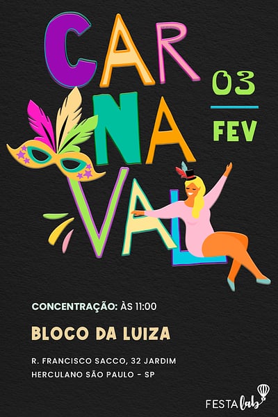 Modelo de Convite de Ocasioes especiais - Lettering de Carnaval Convite Lettering de Carnaval grátis para editar