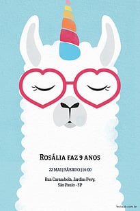 Modelo de Convite de Ocasioes especiais - Lhama unicornio Convite Lhama unicórnio grátis para editar