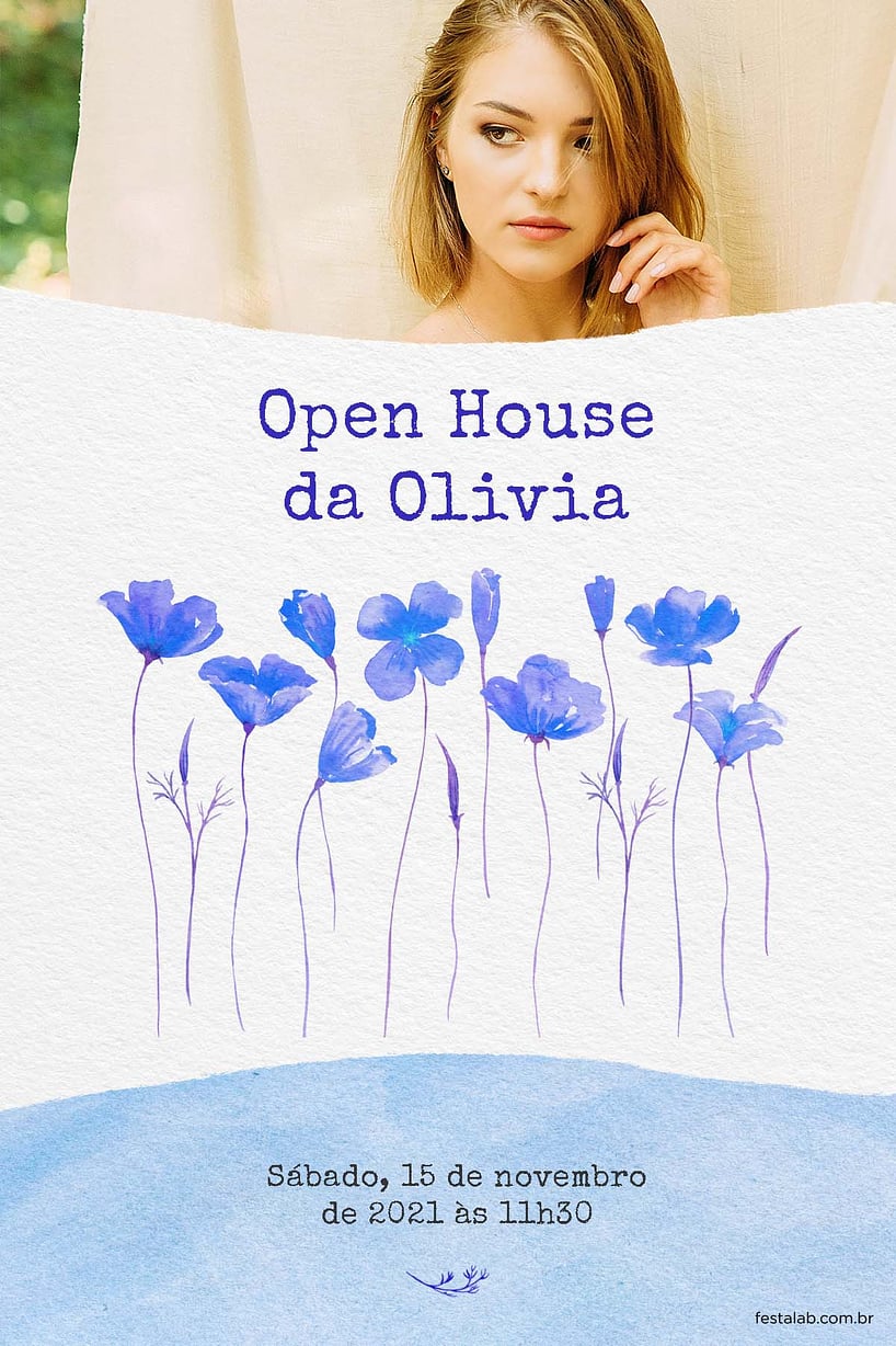 Modelo de Convite de Ocasioes especiais - Lirios aquarela azul Convite Lírios aquarela azul grátis para editar