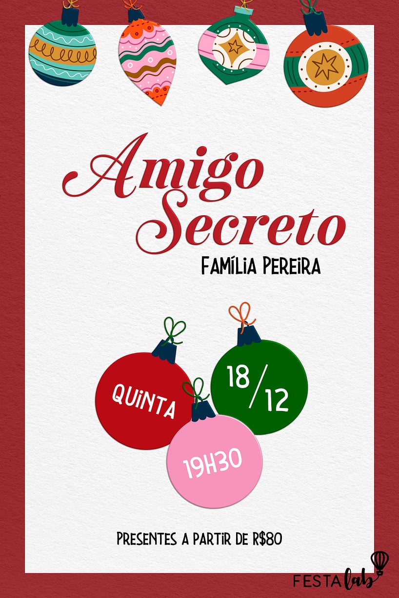 Criar convite de Ocasiões especiais - Amigo Secreto Natalino| FestaLab