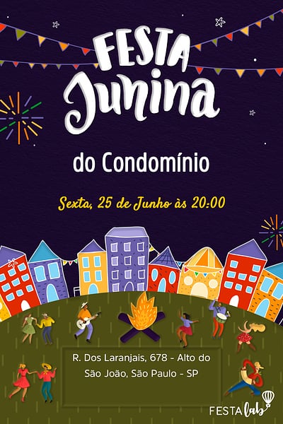 Modelo de Convite de Ocasioes especiais - Noite de Festa Junina Convite Noite de Festa Junina grátis para editar