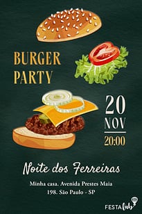 Modelo de Convite de Ocasioes especiais - Noite do Hamburguer Convite Noite do Hambúrguer grátis para editar