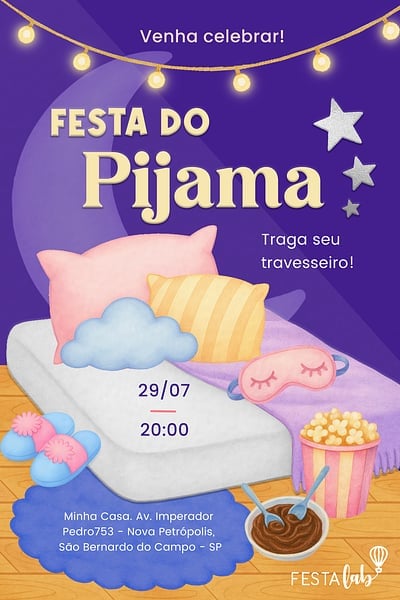 Modelo de Convite de Ocasioes especiais - Noite do Pijama Convite Noite do Pijama grátis para editar