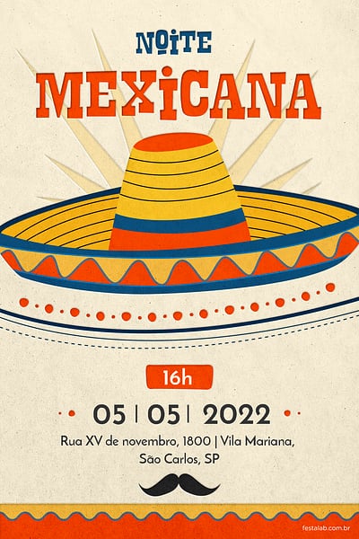 Modelo de Convite de Ocasioes especiais - Noite Mexicana Laranja Convite Noite Mexicana Laranja grátis para editar