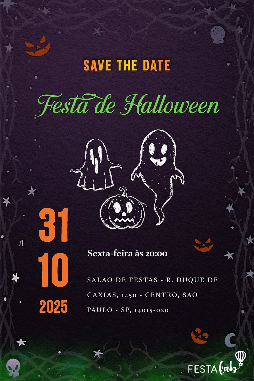Criar convite de Ocasiões especiais - Save The Date Halloween| FestaLab