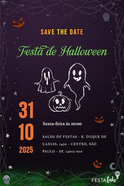 Modelo de Convite de Ocasioes especiais - Save The Date Halloween Convite Save The Date Halloween grátis para editar