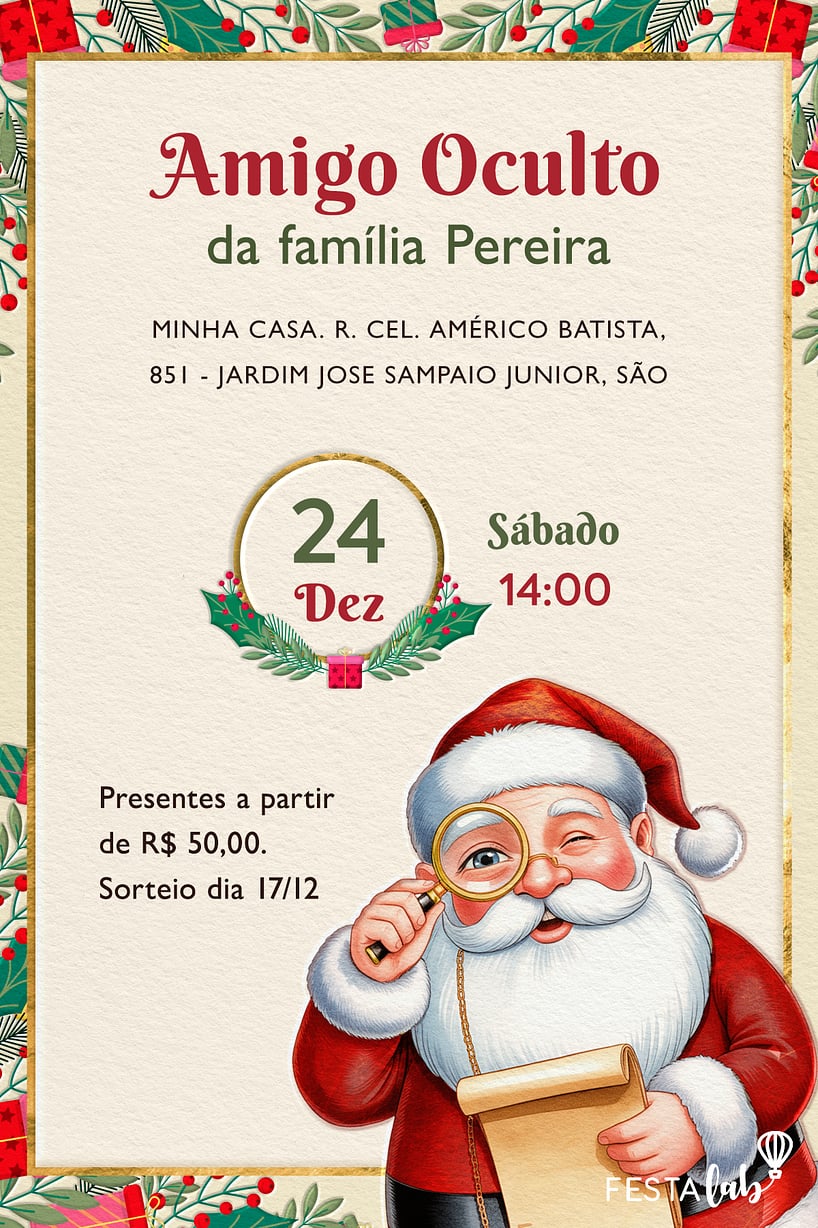 Convite Seu Amigo Oculto grátis para editar