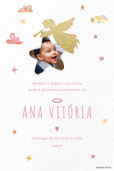 Modelo de Convite de Primeira comunhao - Anjinho dourado Convite Anjinho dourado grátis para editar