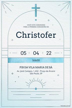 Modelo de Convite de Primeira comunhao - Catedral minimalista azul Convite de Primeira comunhao - Catedral minimalista azul