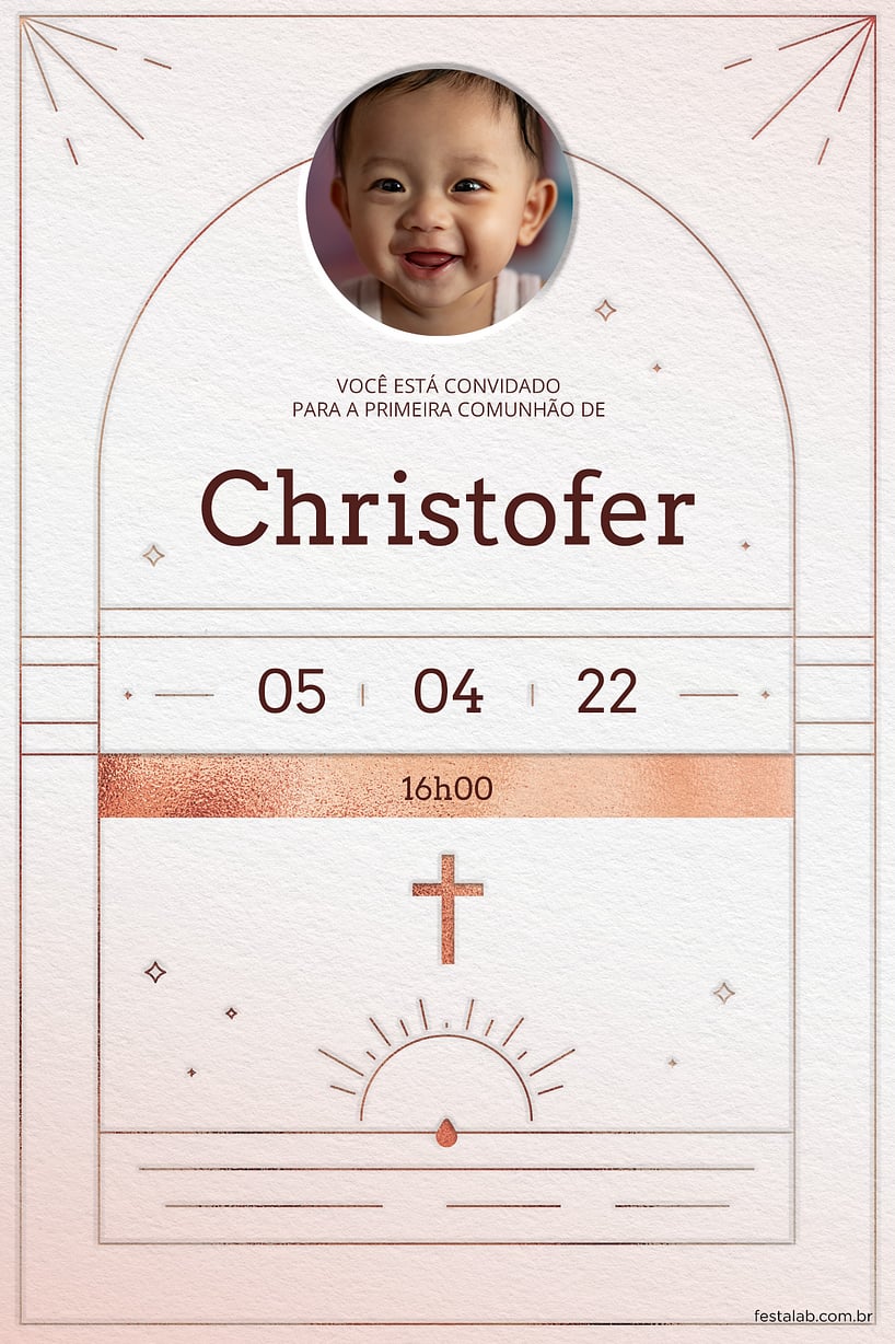 Modelo de Convite de Primeira comunhao - Catedral minimalista rose gold Convite Catedral minimalista rose gold grátis para editar