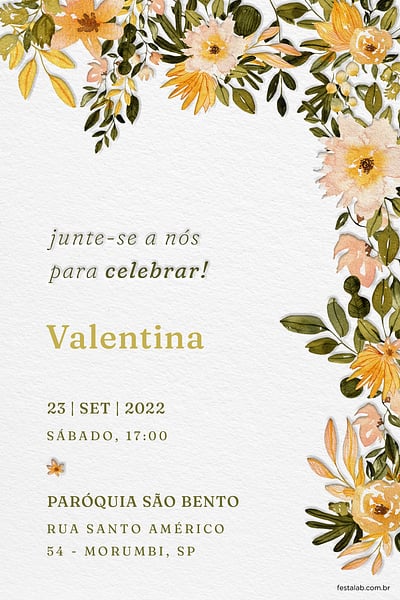 Modelo de Convite de Primeira comunhao - Floral amarelado Convite Floral amarelado grátis para editar