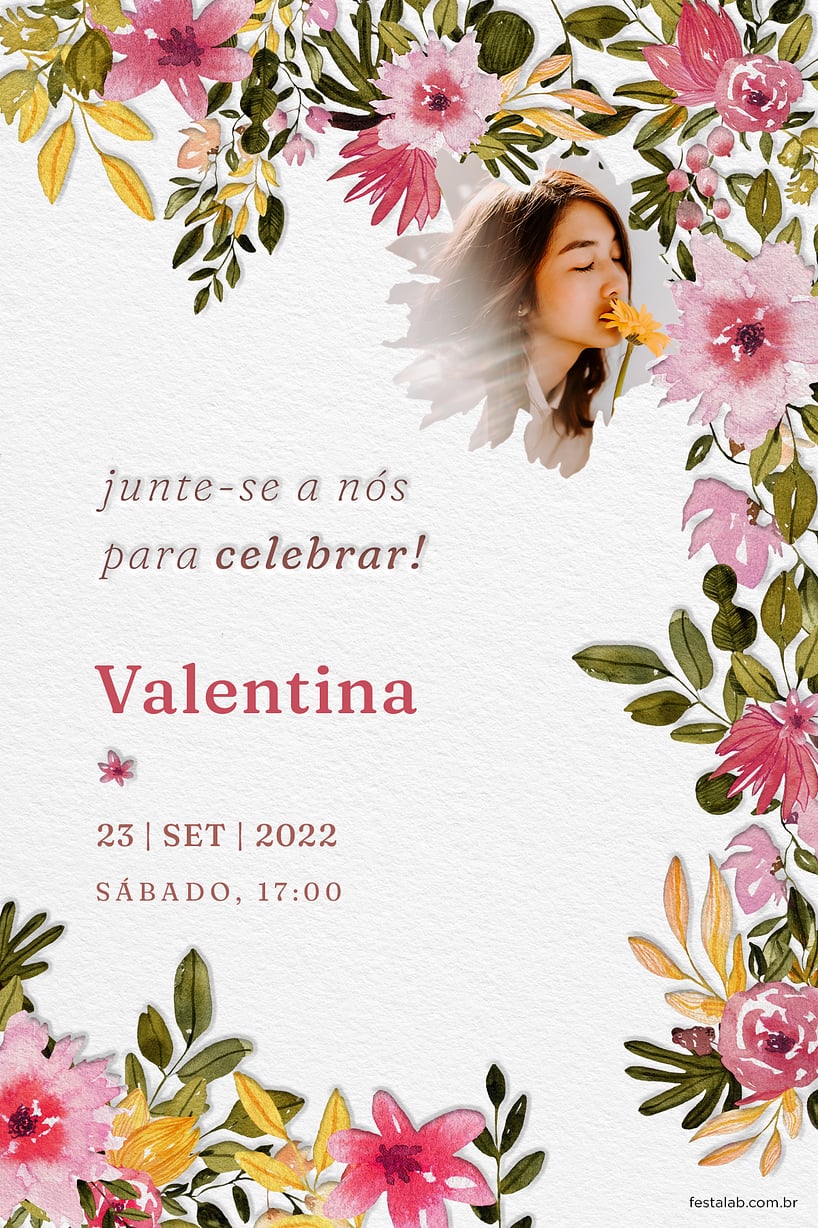 Criar convite de Primeira comunhão - Floral rosado| FestaLab