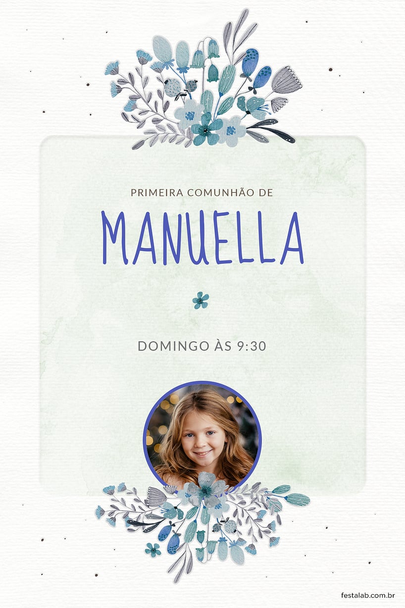 Convite de Primeira comunhao - Flores de campo azulado