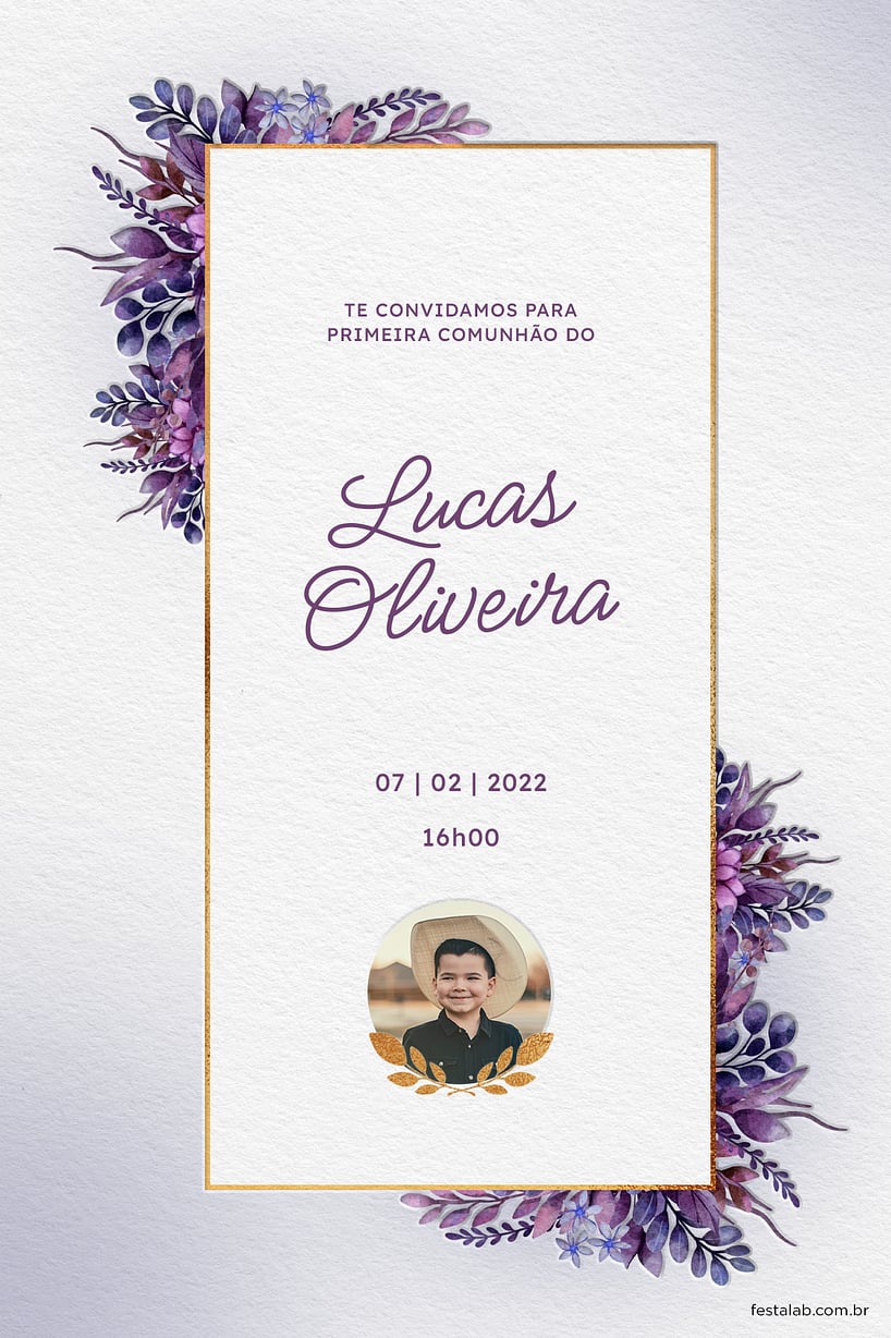 Criar convite de Primeira comunhão - Folhas da comunhão lilás| FestaLab