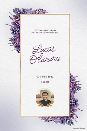 Modelo de Convite de Primeira comunhao - Folhas da comunhao lilas Convite de Primeira comunhao - Folhas da comunhao lilas
