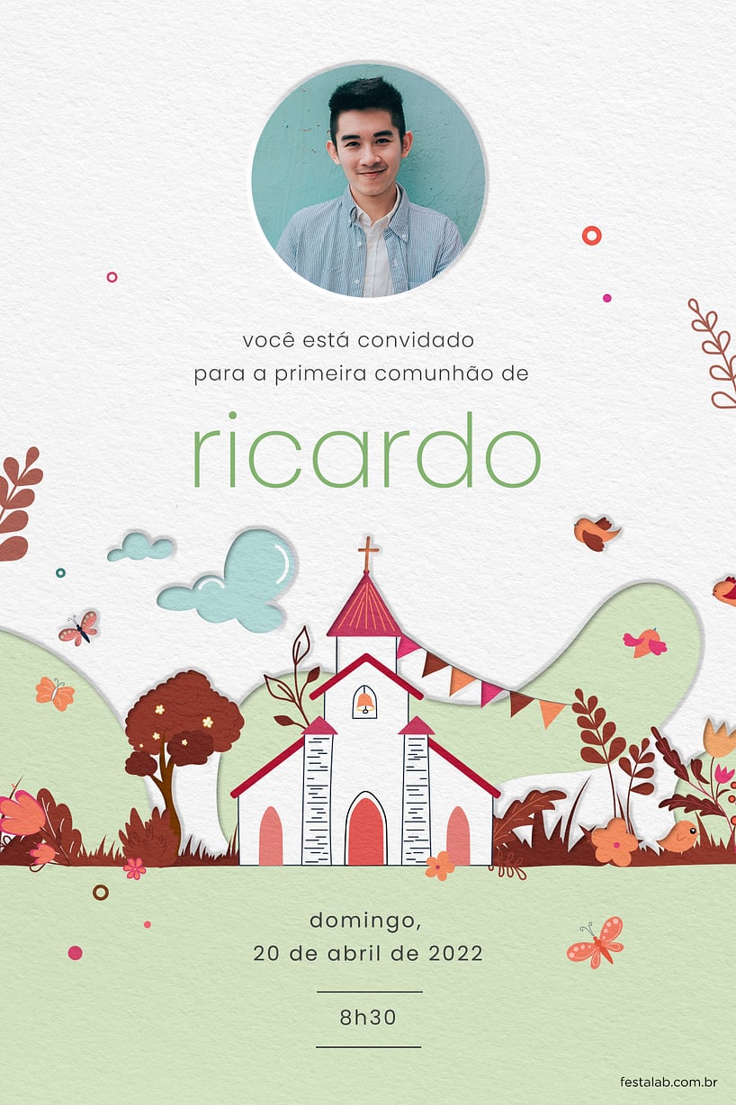Convite de Primeira comunhao - Igreja catolica vermelha