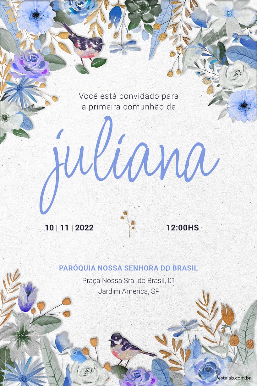 Convite de Primeira comunhao - Jardim azul em comunhao