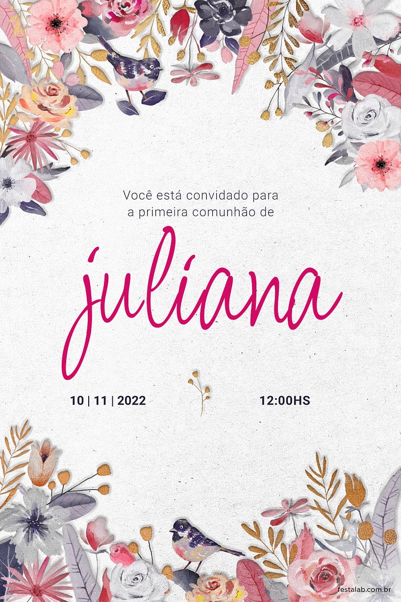 Convite de Primeira comunhao - Jardim rosa em comunhao