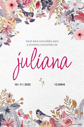 Modelo de Convite de Primeira comunhao - Jardim rosa em comunhao Convite de Primeira comunhao - Jardim rosa em comunhao