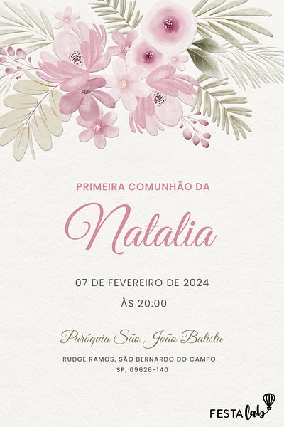 Modelo de Convite de Primeira comunhao - Primavera rosa Convite Primavera rosa grátis para editar