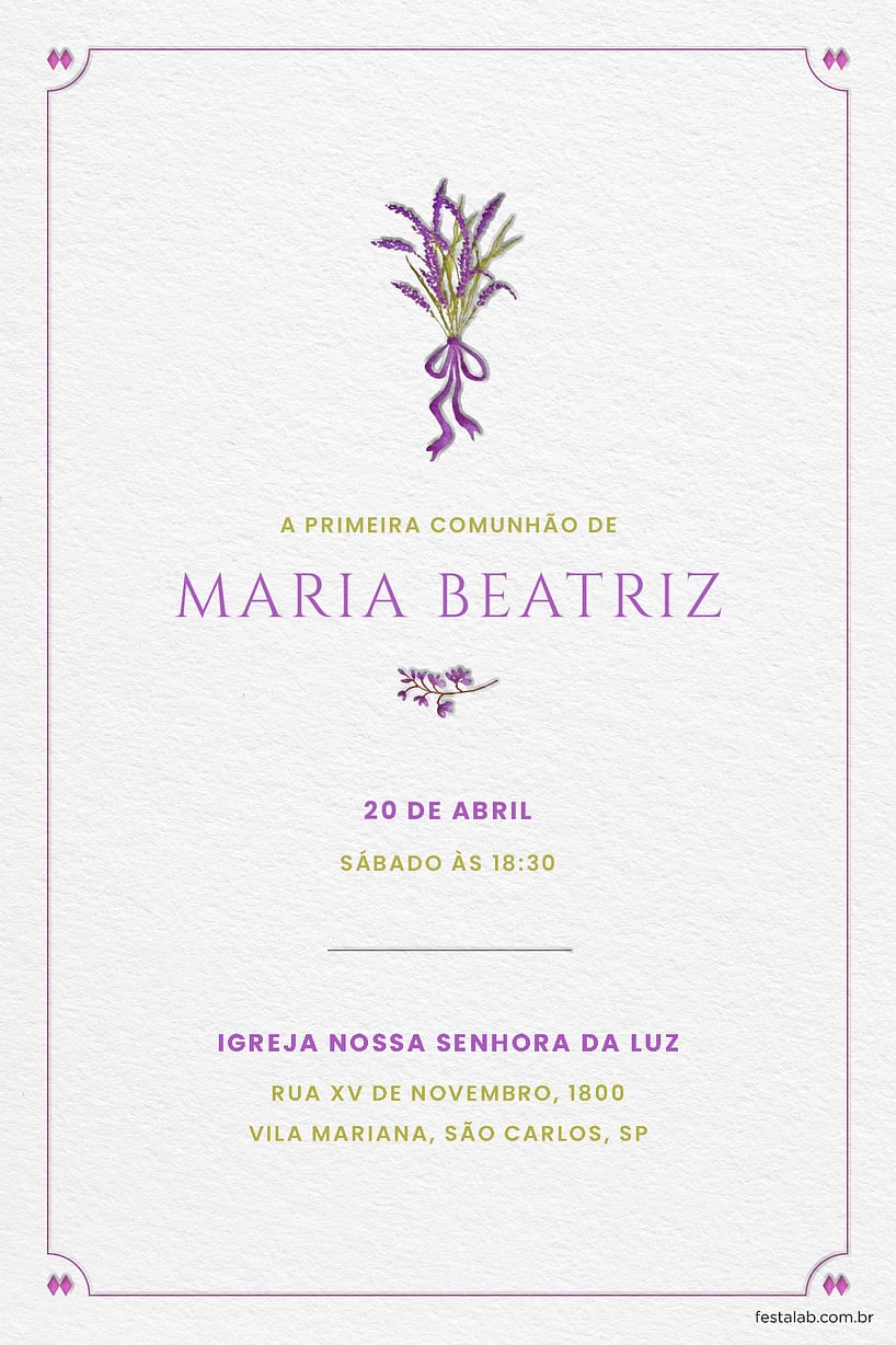 Criar convite de Primeira comunhão - Ramo de flores lilas| FestaLab