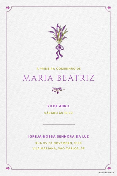 Modelo de Convite de Primeira comunhao - Ramo de flores lilas Convite Ramo de flores lilas grátis para editar