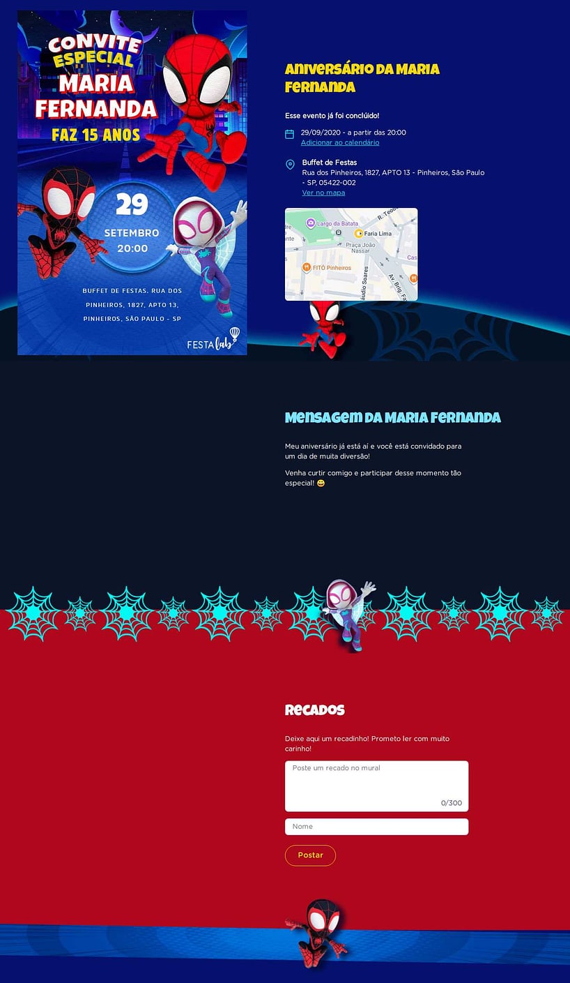 Convite online de aniversário - Aventura com Spidey| FestaLab