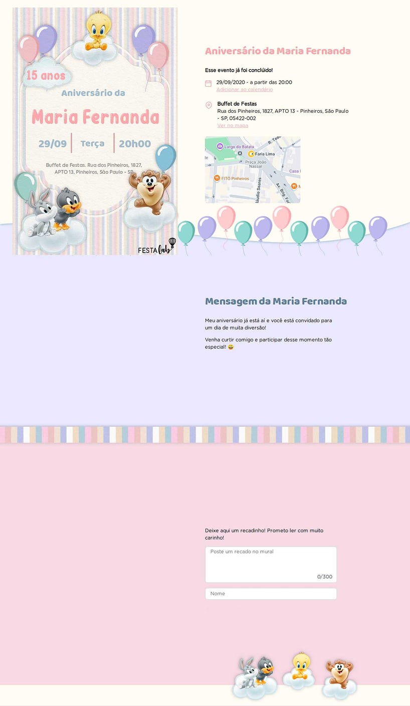Vibe de Aniversario - Baby Looney Tunes Listradinho de Rosa