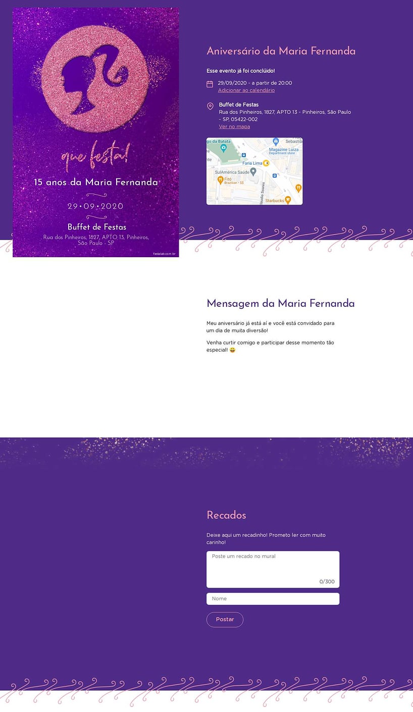 Convite online de aniversário - Barbie fundo roxo| FestaLab