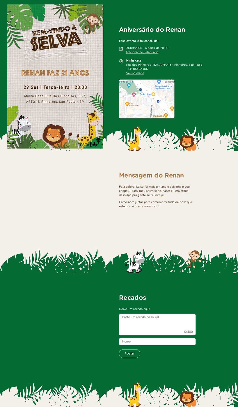 Convite online de aniversário - Bem Vindo a Selva| Festalab