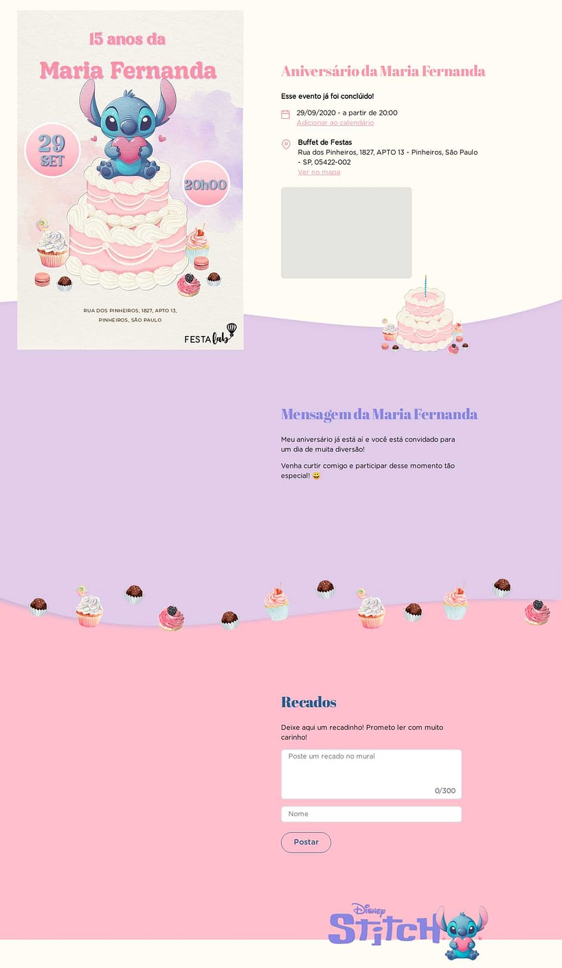 Convite online de aniversário - Bolo do Stitch| FestaLab