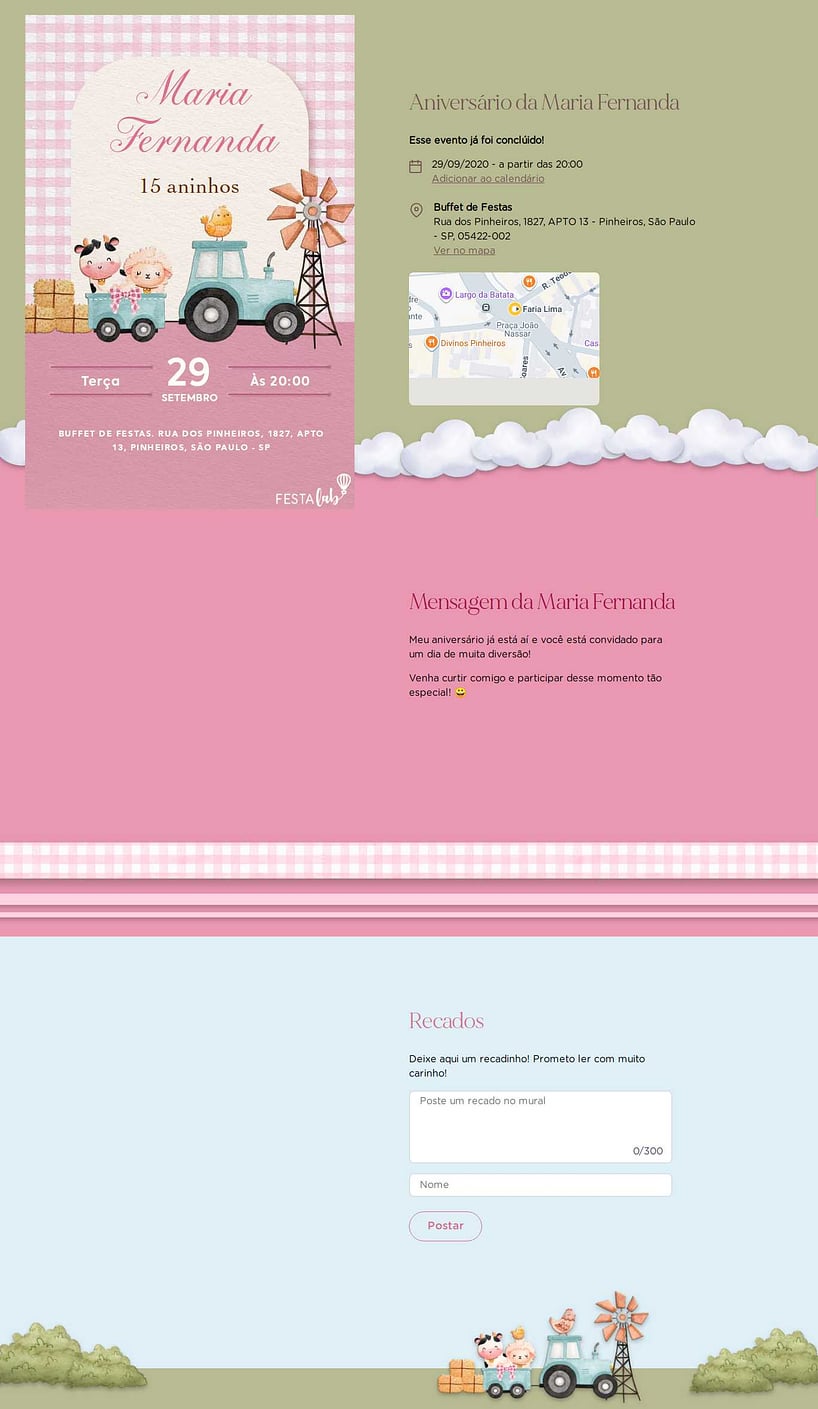 Convite online de aniversário - Festa na Fazendinha Rosa| FestaLab