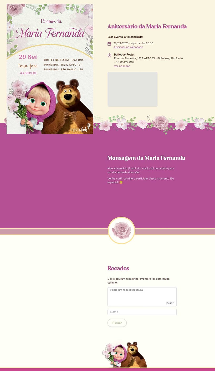 Convite online de aniversário - Masha e o Urso Flores| FestaLab