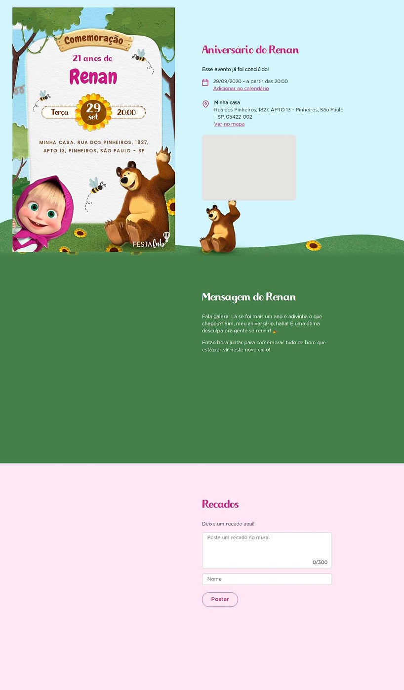 Convite online de aniversário - Masha e o Urso na Floresta| FestaLab