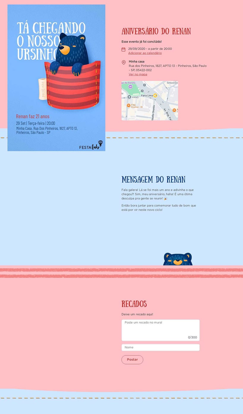 Convite online de aniversário - Ursinho no Bolsinho| FestaLab