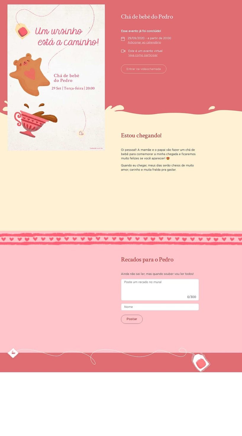 Convite Online Chá de bebê - Chá do Ursinho Rosa | FestaLab