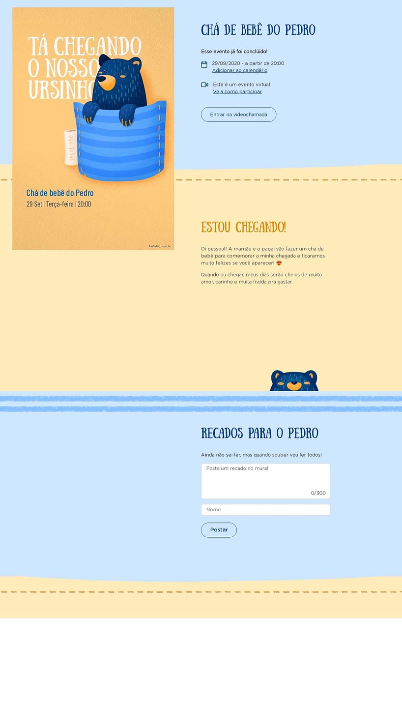 Convite Online Chá de bebê - Ursinho no Bolsinho | FestaLab