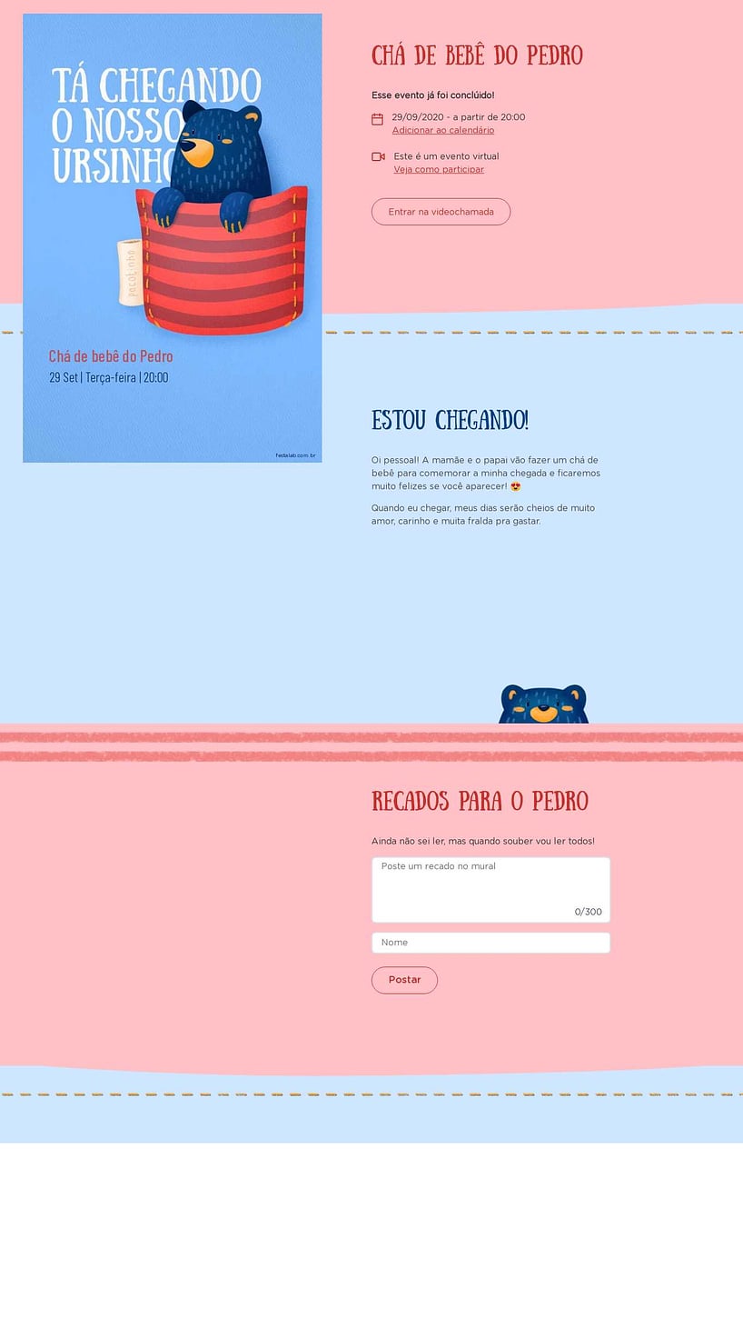 Convite Online Chá de bebê - Ursinho no Bolsinho | Festalab