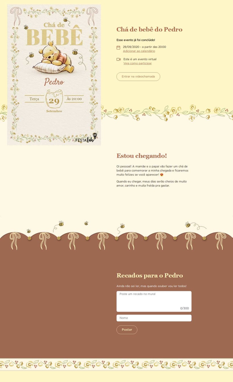 Convite Online Chá de bebê - Ursinho Pooh Baby | FestaLab