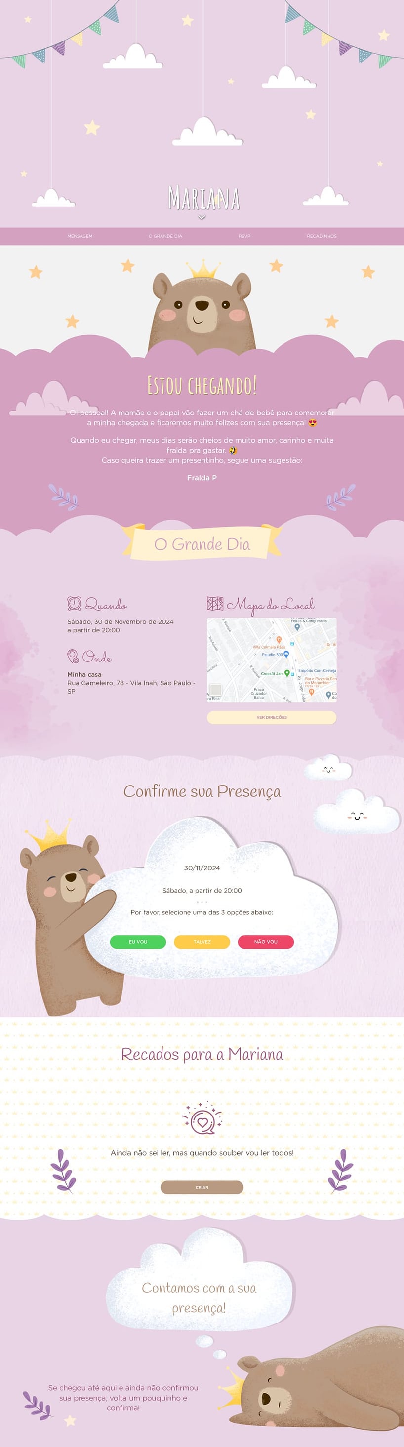 Convite Online Chá de fraldas - Ursinha Princesa | FestaLab